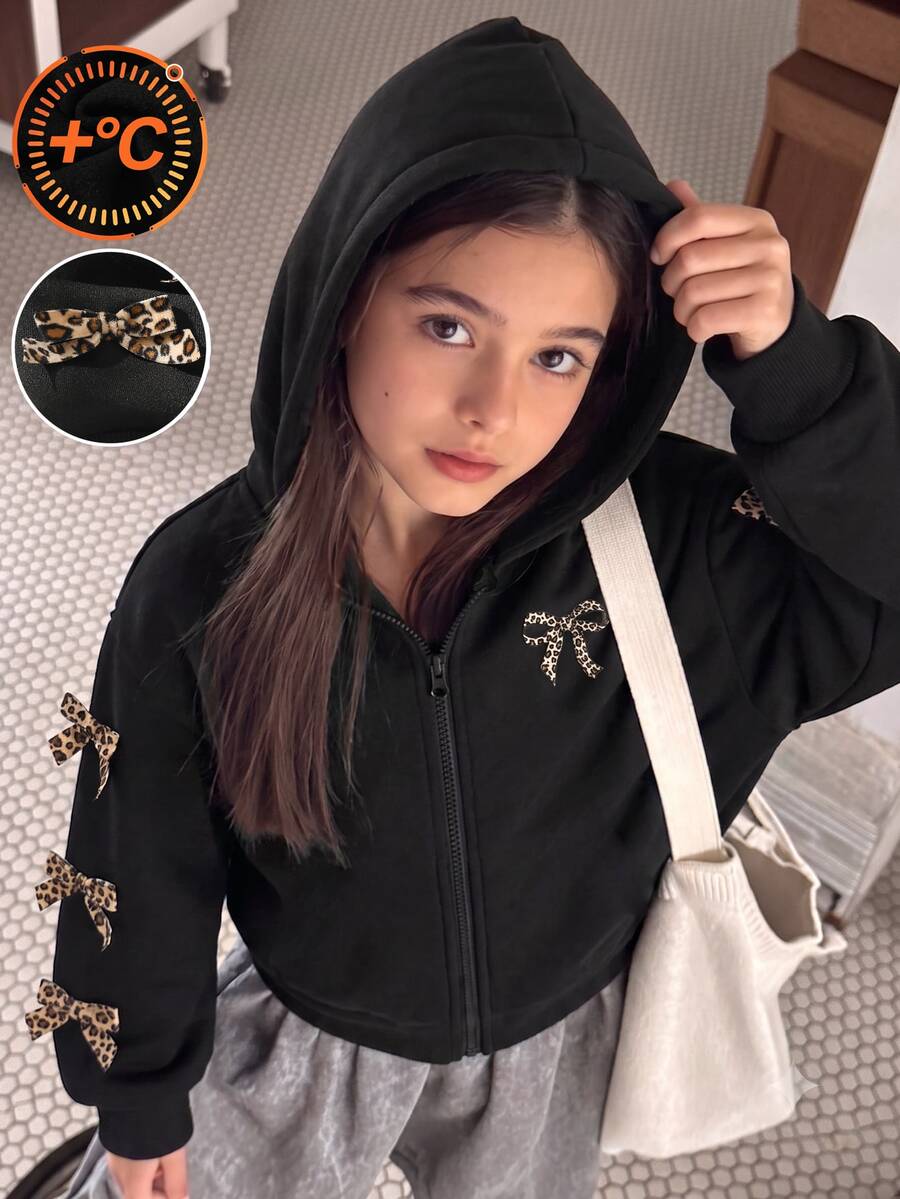 Tween Girls Casual Solid Color Bow Decoration Hooded Zip-Up Cardigan Jacket, Back To School Fall - Black - View 1