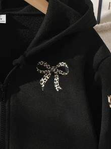 Tween Girls Casual Solid Color Bow Decoration Hooded Zip-Up Cardigan Jacket, Back To School Fall - Black - View 8