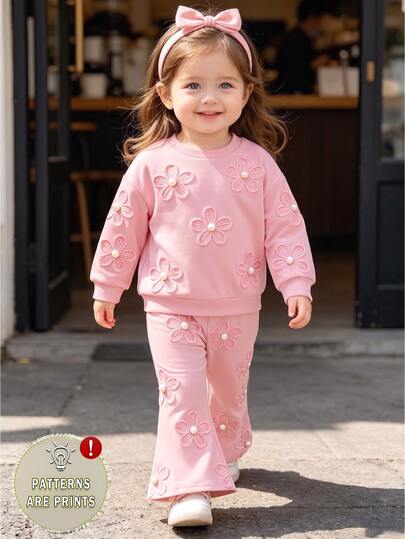 Baby Girls Sweatshirt & Flare Pants 2 Pieces Set Cute 3D Crochet Flower Pearl Beaded Pink Tracksuit Casual Toddler Outfit