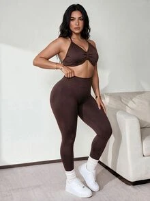 Slayform Slayform Plus-Size Women's Summer Solid Color Pleated Camisole Sports Bra And Leggings Set Gym Brown - Coffee Brown - View 1