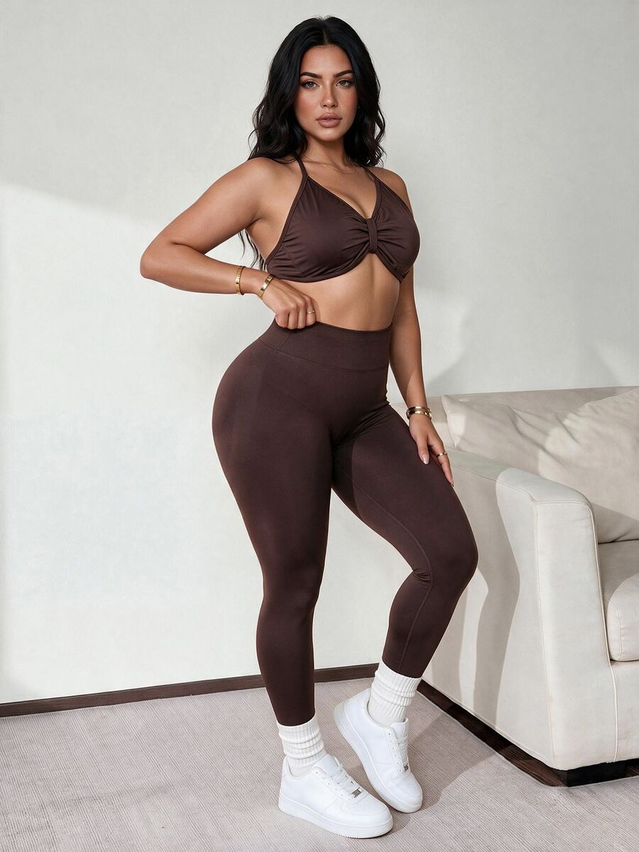 Slayform Slayform Plus-Size Women's Summer Solid Color Pleated Camisole Sports Bra And Leggings Set Gym Brown - Coffee Brown - View 1