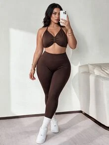 Slayform Slayform Plus-Size Women's Summer Solid Color Pleated Camisole Sports Bra And Leggings Set Gym Brown - Coffee Brown - View 3