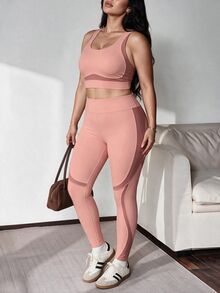 Slayform Slayform Plus Size 2 Pieces Sports Set, Detachable Cup Backless Bra, Tight Butt-Lifting Leggings With Split Line Patchwork Design, Workout Outfit - Multicolor - View 2