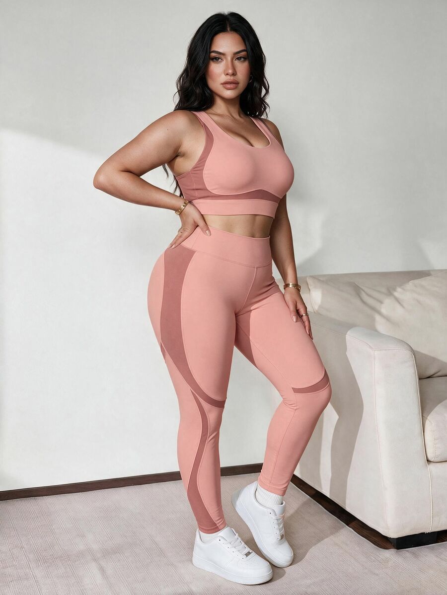 Slayform Slayform Plus Size 2 Pieces Sports Set, Detachable Cup Backless Bra, Tight Butt-Lifting Leggings With Split Line Patchwork Design, Workout Outfit - Multicolor - View 1
