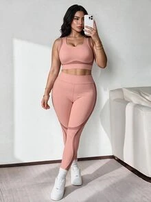 Slayform Slayform Plus Size 2 Pieces Sports Set, Detachable Cup Backless Bra, Tight Butt-Lifting Leggings With Split Line Patchwork Design, Workout Outfit - Multicolor - View 3