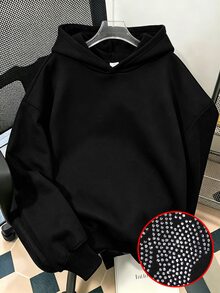 青少年女孩秋季黑色寬鬆連帽長袖套頭衛衣，背面大翅膀水鑽裝飾 - 黑色 - 查看 2
