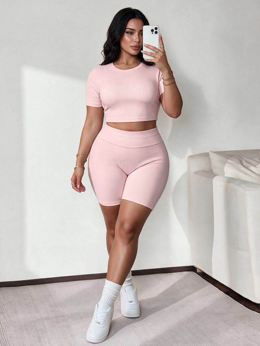 SHEIN Sports Plus Size Sports Fashion Set Ribbed Fitted Short Sleeve Slim Fit Butt-Lifting Shorts Casual Kawaii Style 2 Pieces Set Gym Light Pink Summer - Pink - View 1