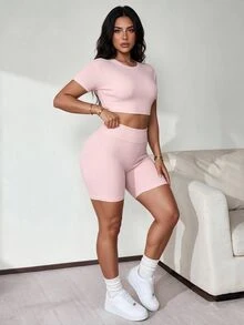 SHEIN Sports Plus Size Sports Fashion Set Ribbed Fitted Short Sleeve Slim Fit Butt-Lifting Shorts Casual Kawaii Style 2 Pieces Set Gym Light Pink Summer - Pink - View 3
