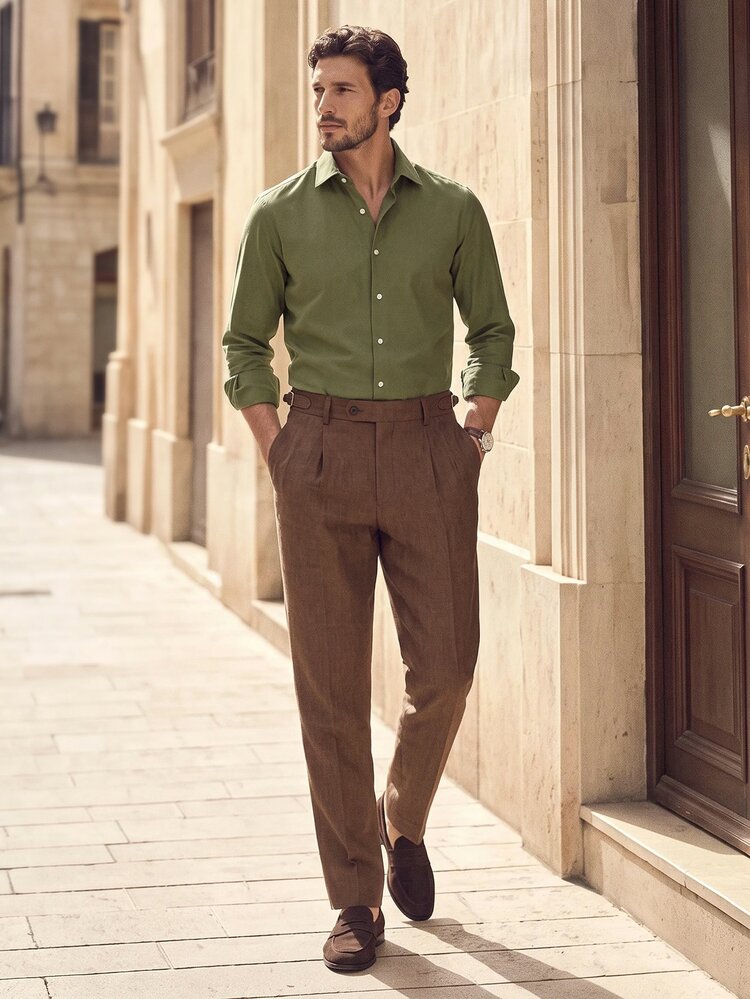 Suiteron Men's Old Money Style Long Sleeve Shirt, Green Pure Cotton Long Sleeve Top, Casual Daily Commute Green Dress Shirt Men Business Casual Shirt, Formal - Army Green - View 4