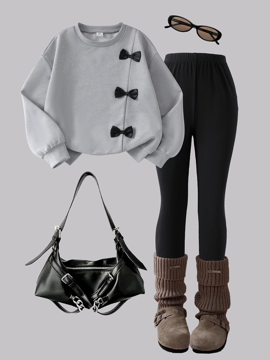 SHEIN Girls' Korean Style Grey Black Sweatshirt Fitted Long Pants Set With Ribbon Bow, Casual Cute Long Sleeve Outfit For Spring And Autumn School - Grey - View 1