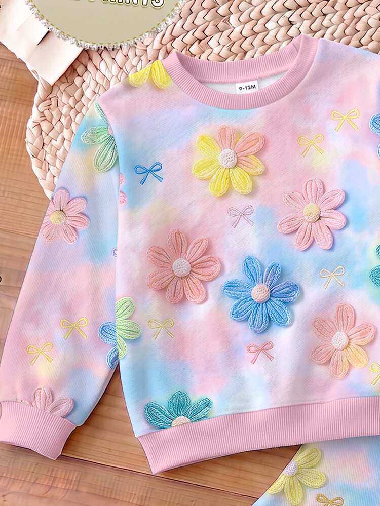 Baby Girls Tie Dye 3D Flower Floral Crewneck Sweatshirt And Flare Pants 2 Pieces Fall Outfit Set - Multicolor - View 5