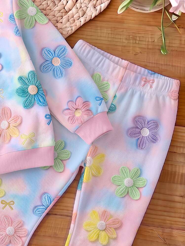 Baby Girls Tie Dye 3D Flower Floral Crewneck Sweatshirt And Flare Pants 2 Pieces Fall Outfit Set - Multicolor - View 4