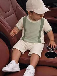 Baby Boy Casual Minimalist Textured Waffle Stripe Print T-Shirt Set, Suitable For Autumn, Round Neck Comfortable Knit 2 Pieces Pullover, Top Choice For Moms - Multicolor - View 1