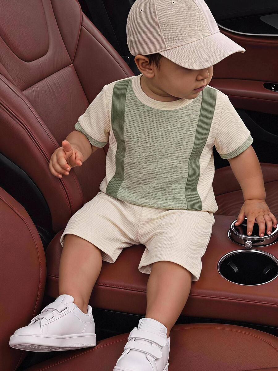 Baby Boy Casual Minimalist Textured Waffle Stripe Print T-Shirt Set, Suitable For Autumn, Round Neck Comfortable Knit 2 Pieces Pullover, Top Choice For Moms - Multicolor - View 1