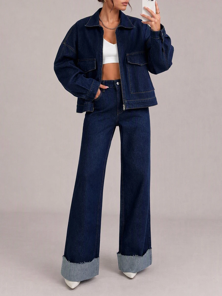 SHEIN Tall Women Denim Two-Piece Outfits - Dark Wash - View 1