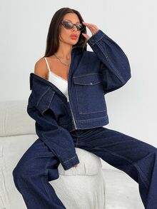 SHEIN Tall Women Denim Two-Piece Outfits - Dark Wash - View 7