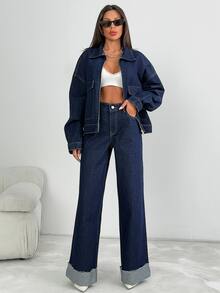 SHEIN Tall Women Denim Two-Piece Outfits - Dark Wash - View 10