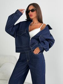 SHEIN Tall Women Denim Two-Piece Outfits - Dark Wash - View 8