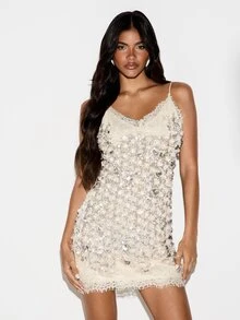 KIZN Sequin Paillette Embellished Bodycon Mini Dress With Lace Trim V-Neck Spaghetti Straps Party New Year Eve - Apricot - View 6