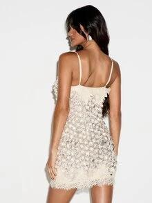 KIZN Sequin Paillette Embellished Bodycon Mini Dress With Lace Trim V-Neck Spaghetti Straps Party New Year Eve - Apricot - View 4