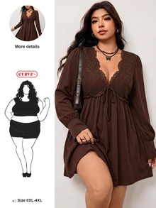SHEIN CURVE+ 大码休闲纯色蕾丝拼接迷你连衣裙，秋季女装 - 棕色 - 查看 1