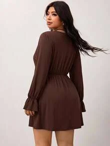 SHEIN CURVE+ 大码休闲纯色蕾丝拼接迷你连衣裙，秋季女装 - 棕色 - 查看 2