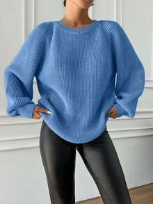 EURMUSE Women's Crew Neck Solid Color Raglan Sleeve Casual Knit Pullover Sweater Everyday Aqua Blue Autumn - Baby Blue - View 3
