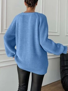 EURMUSE Women's Crew Neck Solid Color Raglan Sleeve Casual Knit Pullover Sweater Everyday Aqua Blue Autumn - Baby Blue - View 8