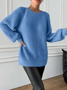 EURMUSE Women's Crew Neck Solid Color Raglan Sleeve Casual Knit Pullover Sweater Everyday Aqua Blue Autumn - Baby Blue - View 4