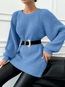 EURMUSE Women's Crew Neck Solid Color Raglan Sleeve Casual Knit Pullover Sweater Everyday Aqua Blue Autumn - Baby Blue - View 5