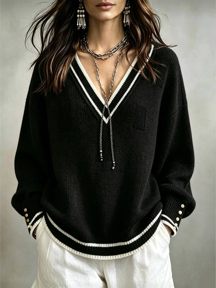 SHEIN LUNE CURVE Plus Size Women's Colorblock Contrast Casual Traditional V-Neck Pullover Long Sleeve Metal Button Knit Sweater Autumn Black And White - Black - View 1