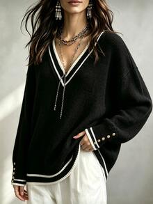 SHEIN LUNE CURVE Plus Size Women's Colorblock Contrast Casual Traditional V-Neck Pullover Long Sleeve Metal Button Knit Sweater Autumn Black And White - Black - View 3