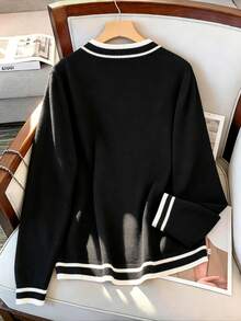 SHEIN LUNE CURVE Plus Size Women's Colorblock Contrast Casual Traditional V-Neck Pullover Long Sleeve Metal Button Knit Sweater Autumn Black And White - Black - View 6