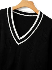 SHEIN LUNE CURVE Plus Size Women's Colorblock Contrast Casual Traditional V-Neck Pullover Long Sleeve Metal Button Knit Sweater Autumn Black And White - Black - View 7