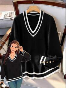 SHEIN LUNE CURVE Plus Size Women's Colorblock Contrast Casual Traditional V-Neck Pullover Long Sleeve Metal Button Knit Sweater Autumn Black And White - Black - View 5