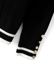 SHEIN LUNE CURVE Plus Size Women's Colorblock Contrast Casual Traditional V-Neck Pullover Long Sleeve Metal Button Knit Sweater Autumn Black And White - Black - View 8