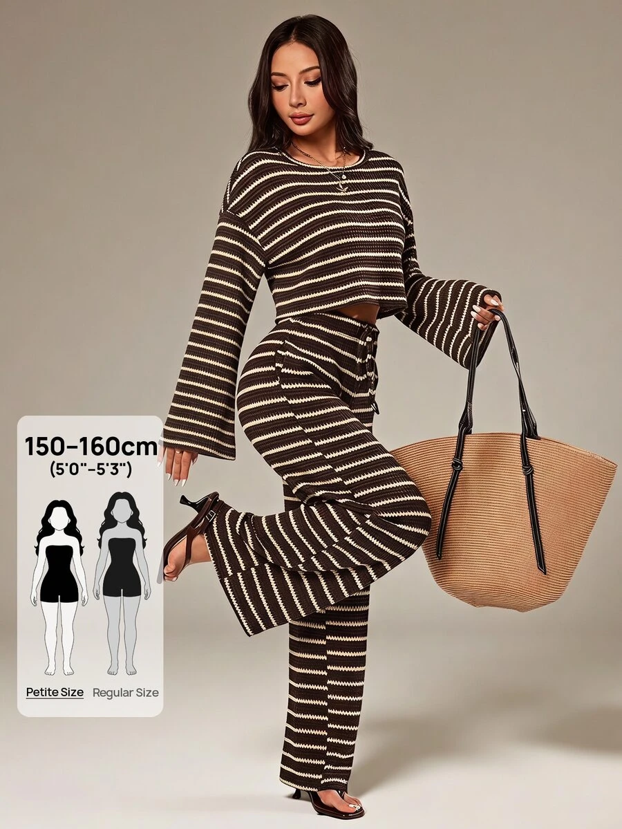 SHEIN PETITE Petite-Friendly Textured Striped Loose Long-Sleeve T-Shirt & Pants Set (Autumn/Winter) - Brown - View 1