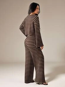 SHEIN PETITE Petite-Friendly Textured Striped Loose Long-Sleeve T-Shirt & Pants Set (Autumn/Winter) - Brown - View 2