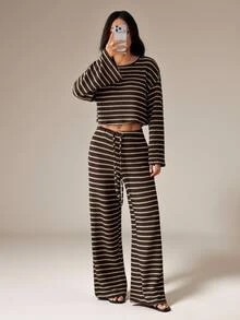 SHEIN PETITE Petite-Friendly Textured Striped Loose Long-Sleeve T-Shirt & Pants Set (Autumn/Winter) - Brown - View 7