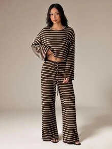 SHEIN PETITE Petite-Friendly Textured Striped Loose Long-Sleeve T-Shirt & Pants Set (Autumn/Winter) - Brown - View 5