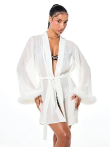 BABYPHAT Bata de salón blanca con logo de cristal, con puños de felpa sintética lujosa, cuello en V y cinturón, estilo kimono corto para prendas de dormir de invierno - Blanco - Ver 6