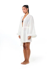 BABYPHAT Bata de salón blanca con logo de cristal, con puños de felpa sintética lujosa, cuello en V y cinturón, estilo kimono corto para prendas de dormir de invierno - Blanco - Ver 5