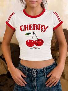 SHEIN Sparklyn Tween Girls Cherry Print Cropped Short Sleeve T-Shirt, Casual Y2k Cute Spring Summer, Outings, Street Photography School White And Red - White - View 3