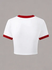 SHEIN Sparklyn Tween Girls Cherry Print Cropped Short Sleeve T-Shirt, Casual Y2k Cute Spring Summer, Outings, Street Photography School White And Red - White - View 2