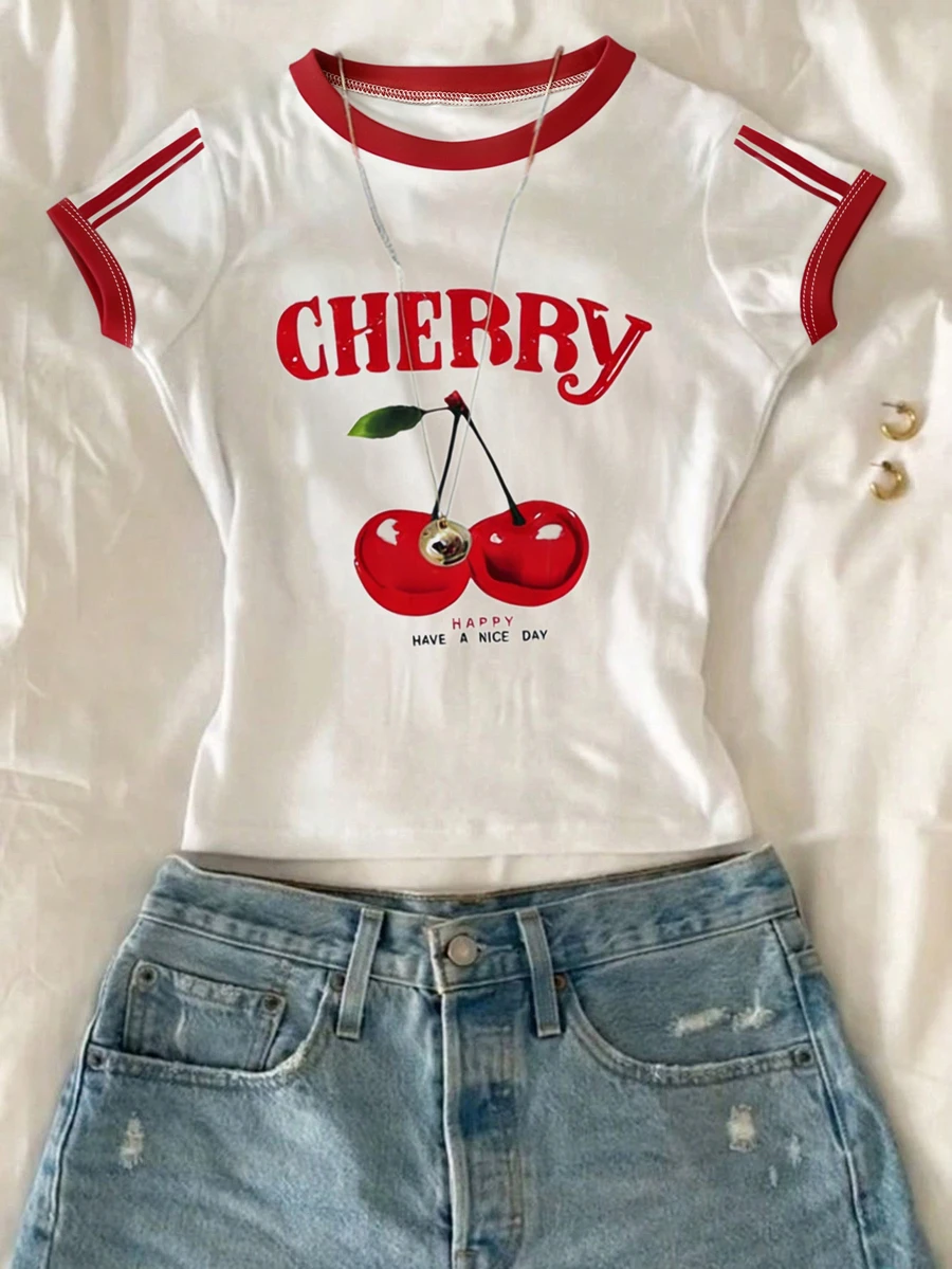 SHEIN Sparklyn Tween Girls Cherry Print Cropped Short Sleeve T-Shirt, Casual Y2k Cute Spring Summer, Outings, Street Photography School White And Red - White - View 1