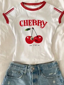 SHEIN Sparklyn Tween Girls Cherry Print Cropped Short Sleeve T-Shirt, Casual Y2k Cute Spring Summer, Outings, Street Photography School White And Red - White - View 4