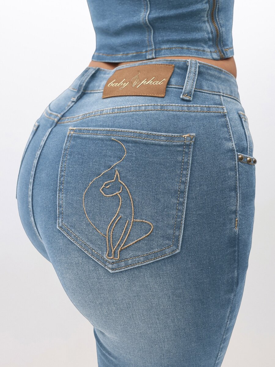 BABYPHAT Stretch Denim Capri Jeans With Turn Up Hems High Waisted Summer Casual Everyday Pants For Spring Festival Vacation - Light Wash - View 1