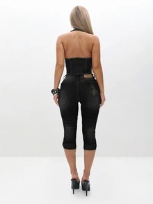BABYPHAT Stretch Denim Capri Jeans With Turn Up Hems For Women Mid Rise Cropped Pants Summer Casual Wear - Black - View 2