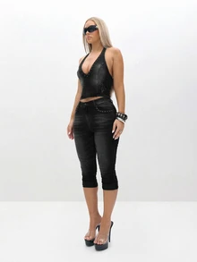 BABYPHAT Stretch Denim Capri Jeans With Turn Up Hems For Women Mid Rise Cropped Pants Summer Casual Wear - Black - View 3