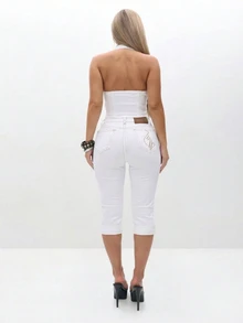 BABYPHAT Celana Jeans Capri Denim Putih Stretch Wanita dengan Lipatan di Bagian Bawah dan Detail Bordir Kucing, Celana Pendek Pinggang Tinggi untuk Musim Panas - Putih - View 2